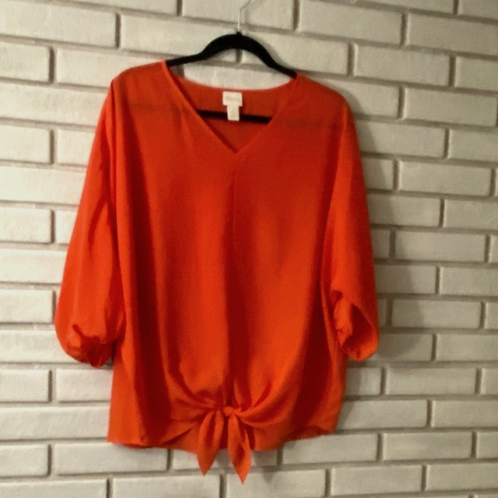 Chico's Orange Dolman 3/4 Tie Front Oversized Top